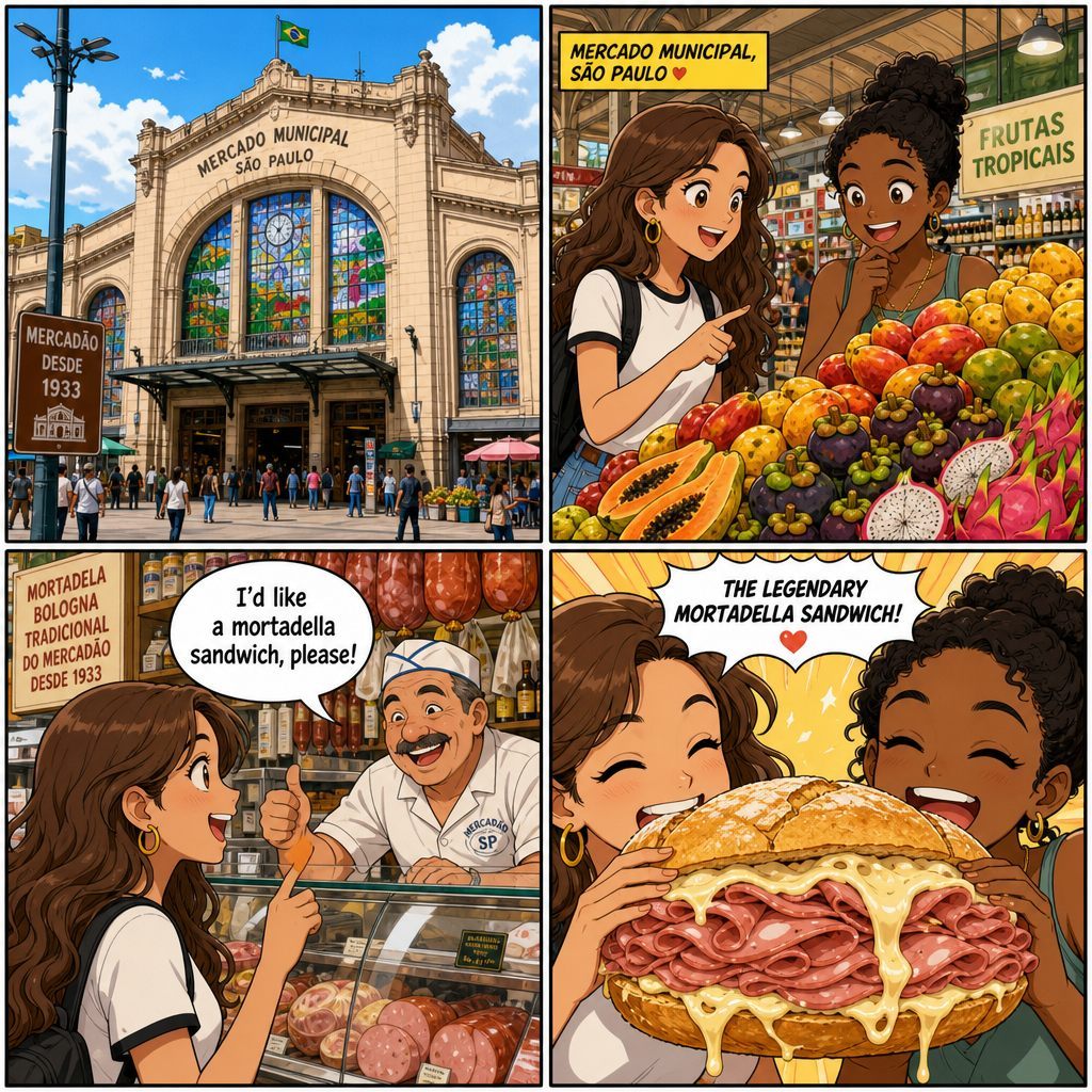 A aluna pede um sanduíche de mortadela no Mercado Municipal de São Paulo