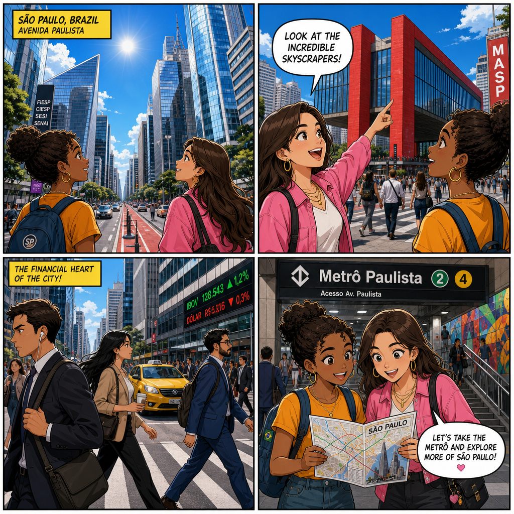 A aluna e Olivia na Avenida Paulista, diante do MASP, falando dos arranha-céus