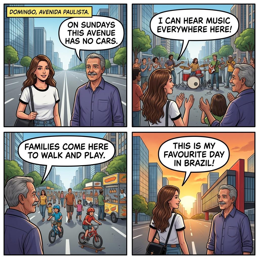A aluna e Seu Joaquim na Avenida Paulista fechada para carros num domingo