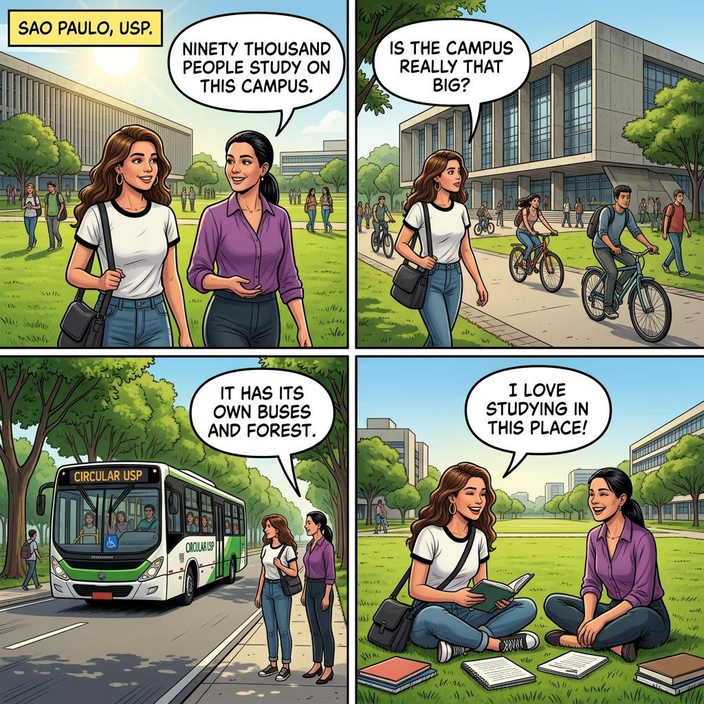 A aluna e Sophia no campus da USP, com o ônibus Circular USP ao fundo